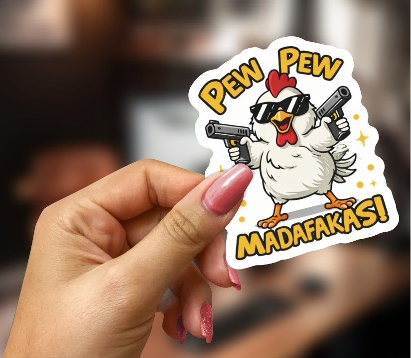 PEW PEW MADAFAKAS! Funny Chicken Sticker, Peel N' Stick, Different Sizes