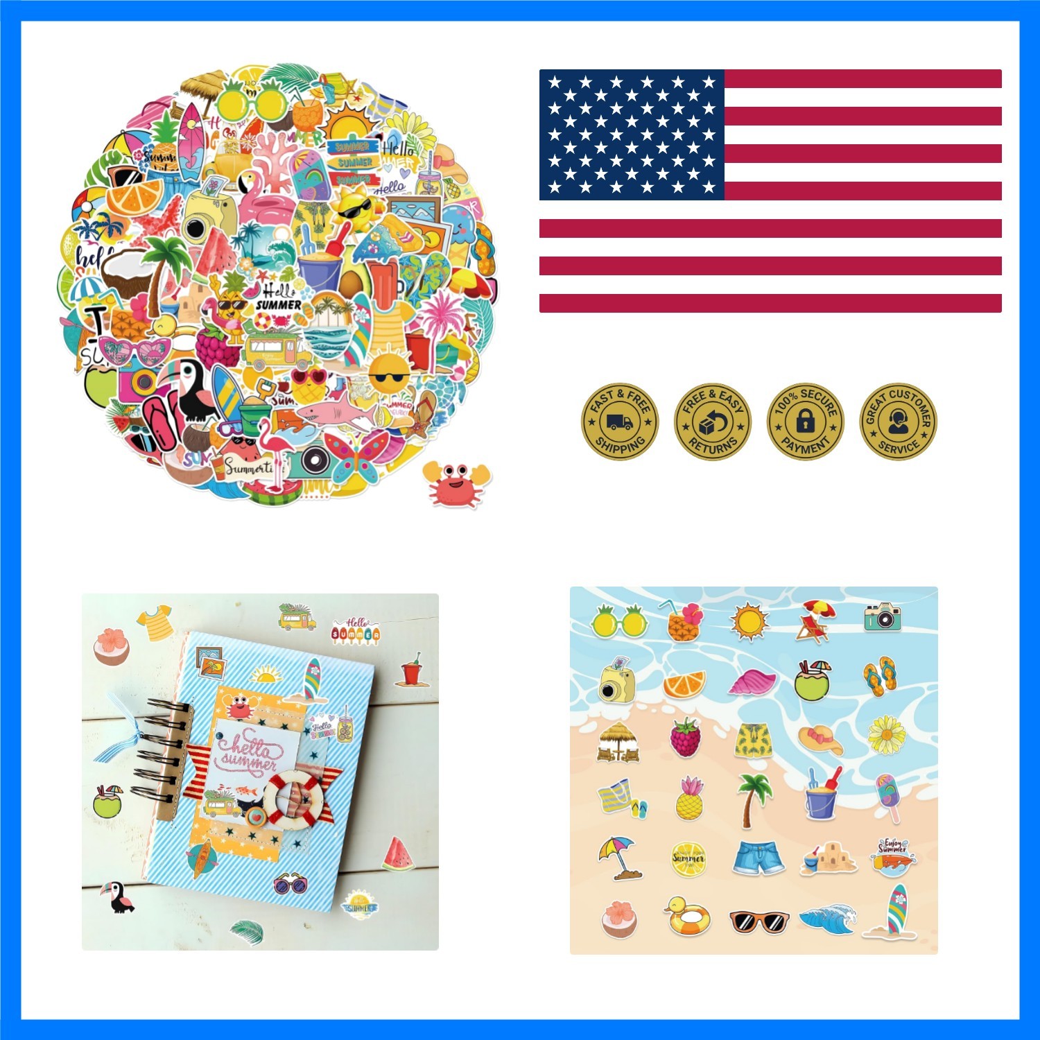 100 PCS Summer Stickers for Kids, Waterproof Beach Stickers for Water Bottles…