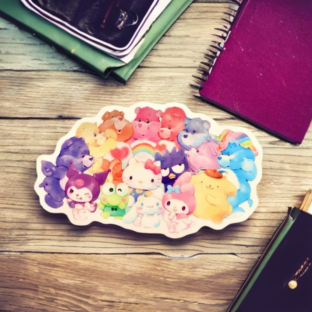 Care Bears x Sanrio Collab Sticker Decal, 3.5” Clear Glossy Hello Kitty Kuromi