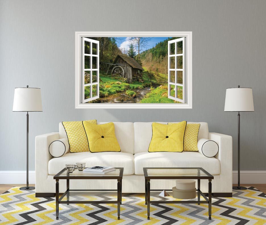 Country Landscape Cabin Stream Wall Decal Sticker Graphic Art – 4 Size Options