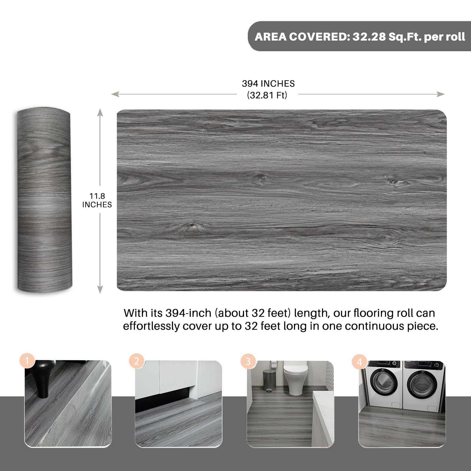 Wood Grain Peel and Stick Floor Tiles – 11.8” Width, Full Roll Lengt