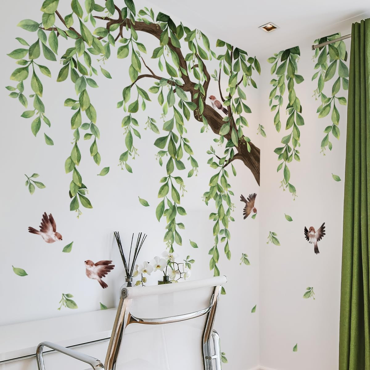 Large Tree Wall Decals Green Plant Hanging Vine Leaves Wall Stickers for Living