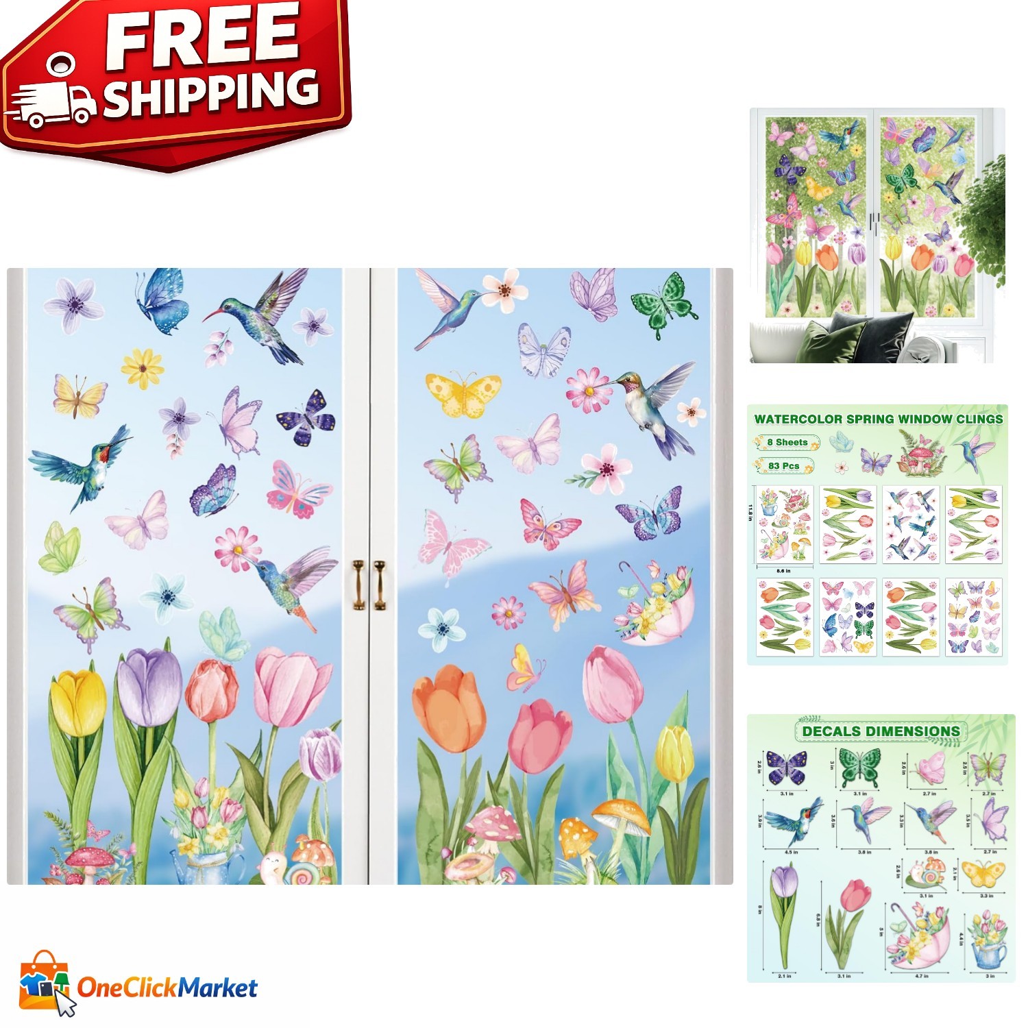 Spring Window Cling Sticker – 83PCS Tulip Butterfly Flower Hummingbirds Windo…