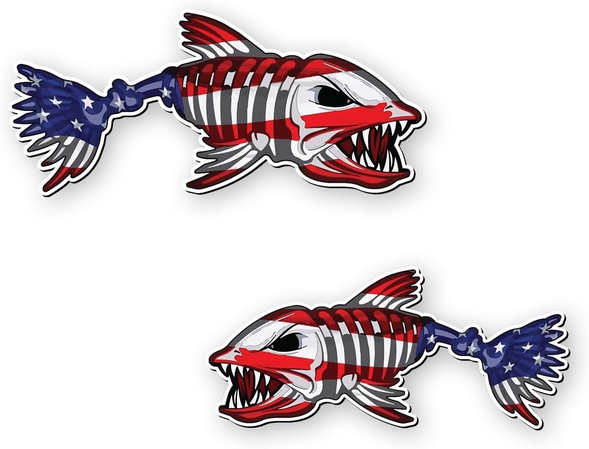 US Flag Skeleton Fish American Fishbone 2-Pack Vinyl Decal Boat Sticker 2.6"x6"