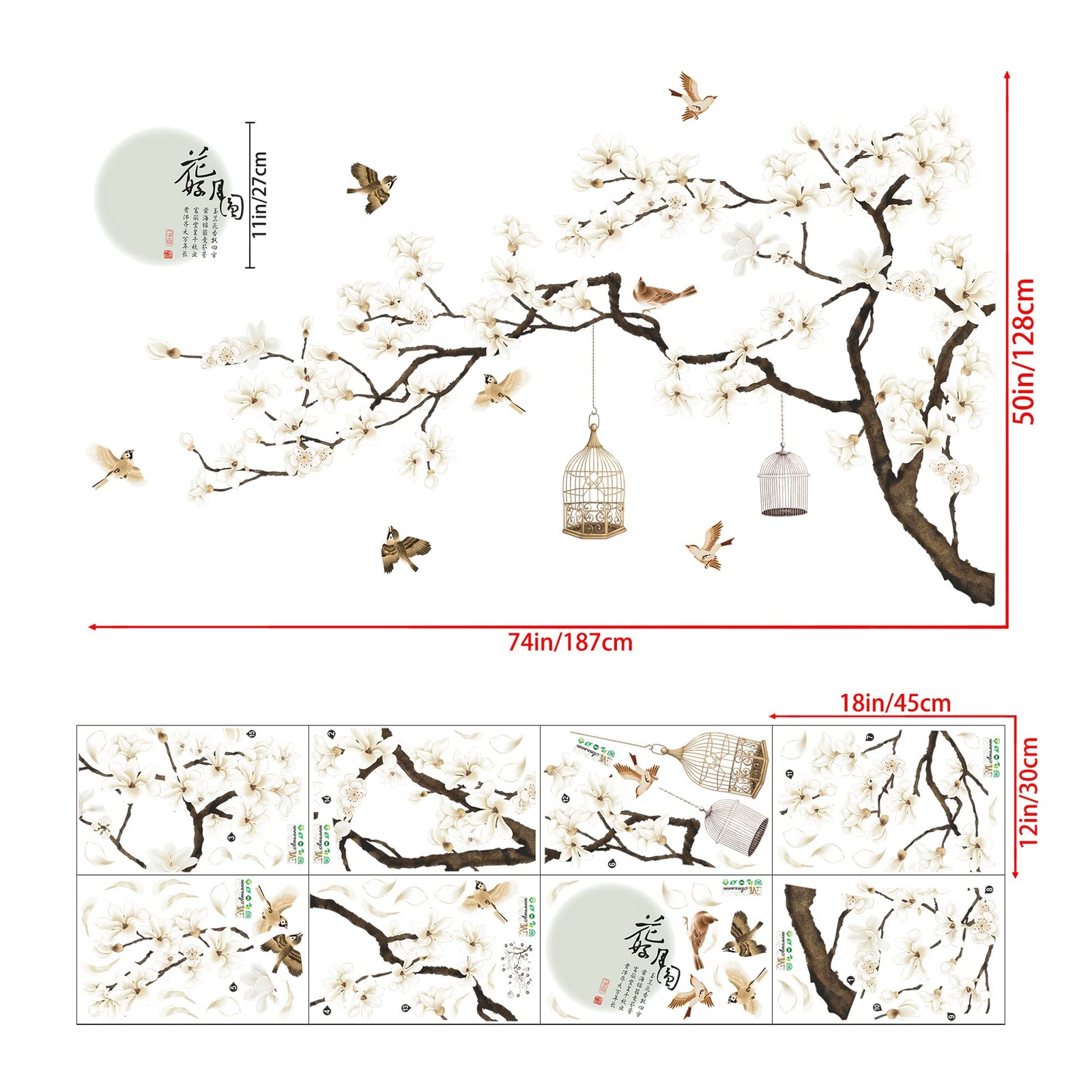 Amaonm Chinese Style White Flowers Black Tree and Flying Birds Wall Stickers Rem
