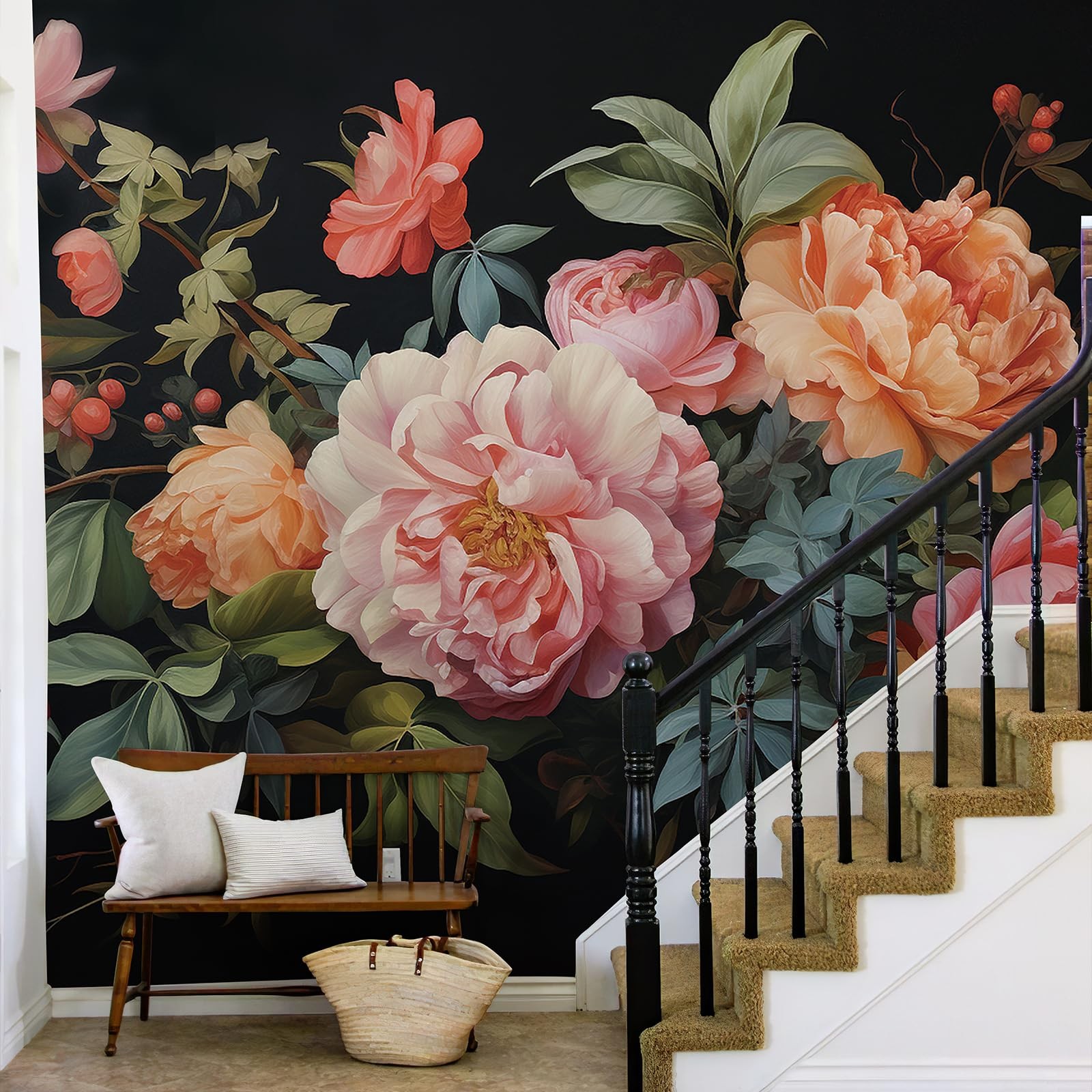 Large Floral Peel and Stick Wall Murals 148" W x 98" H Vintage 3D Dark Peony …