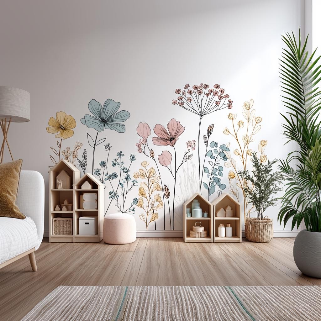 Floral Line Art Wall Decal | Boho Botanical Wall Sticker