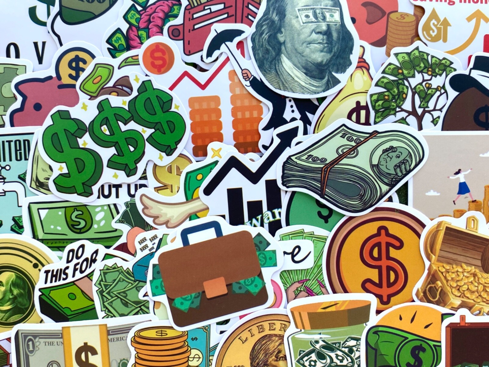 5-50 pcs Money Dollar Bill Cash Stickers, Vinyl Water Bottle Laptop Car Decals