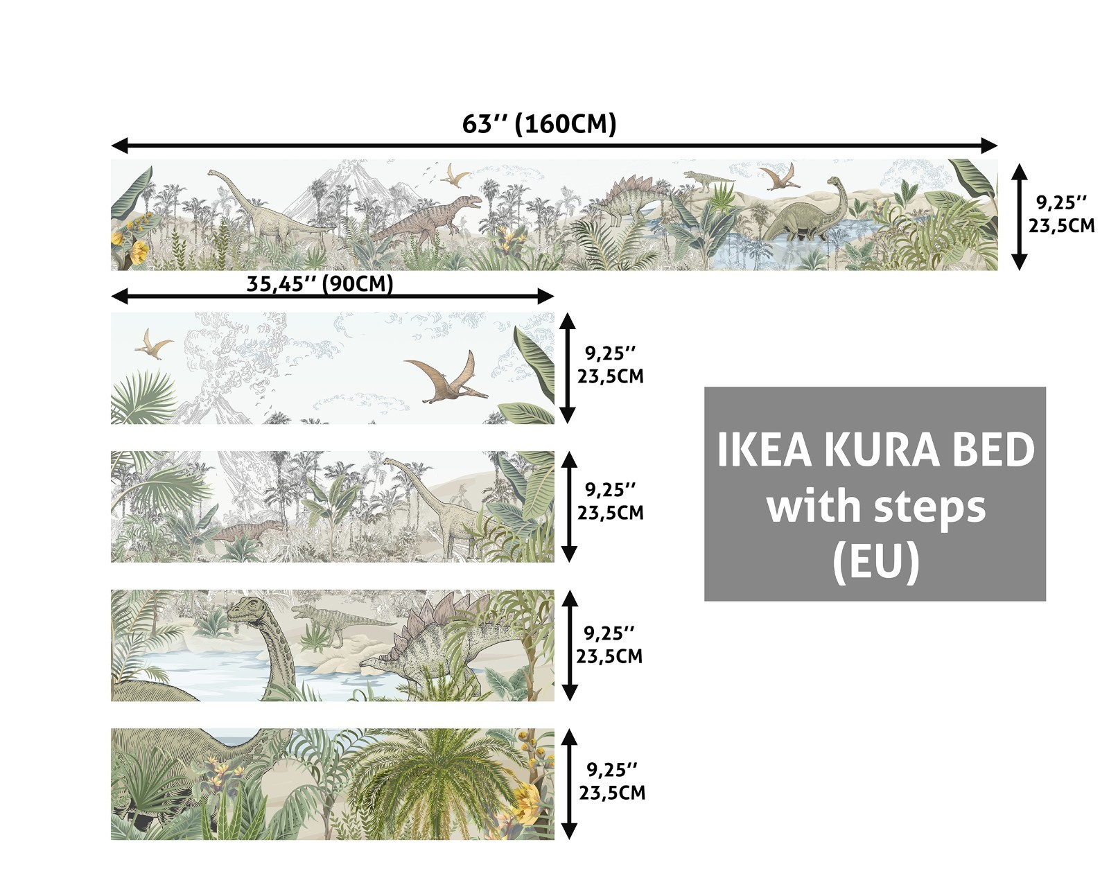 Dinosaur Jungle IKEA KURA Bed Decals, Watercolor Dino Vinyl Stickers