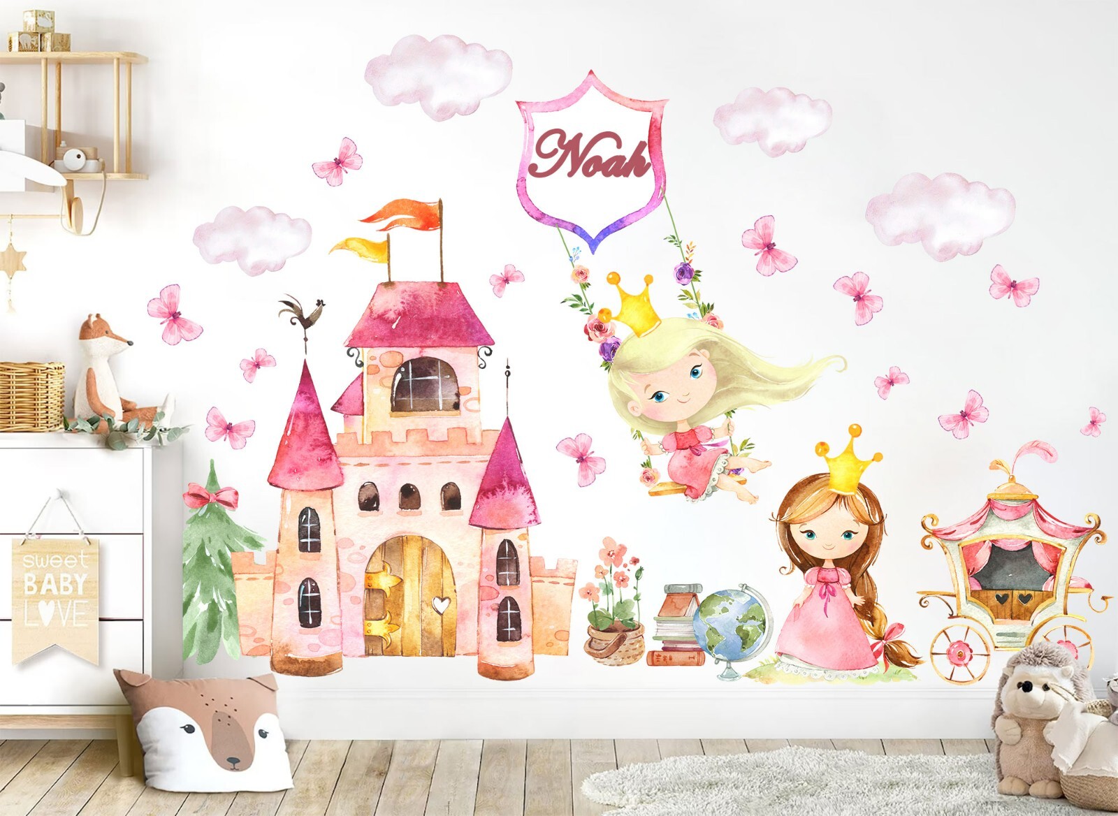Princess Castle Personalisation Name Carriage Flowers Nursery Wall Decal Sticker