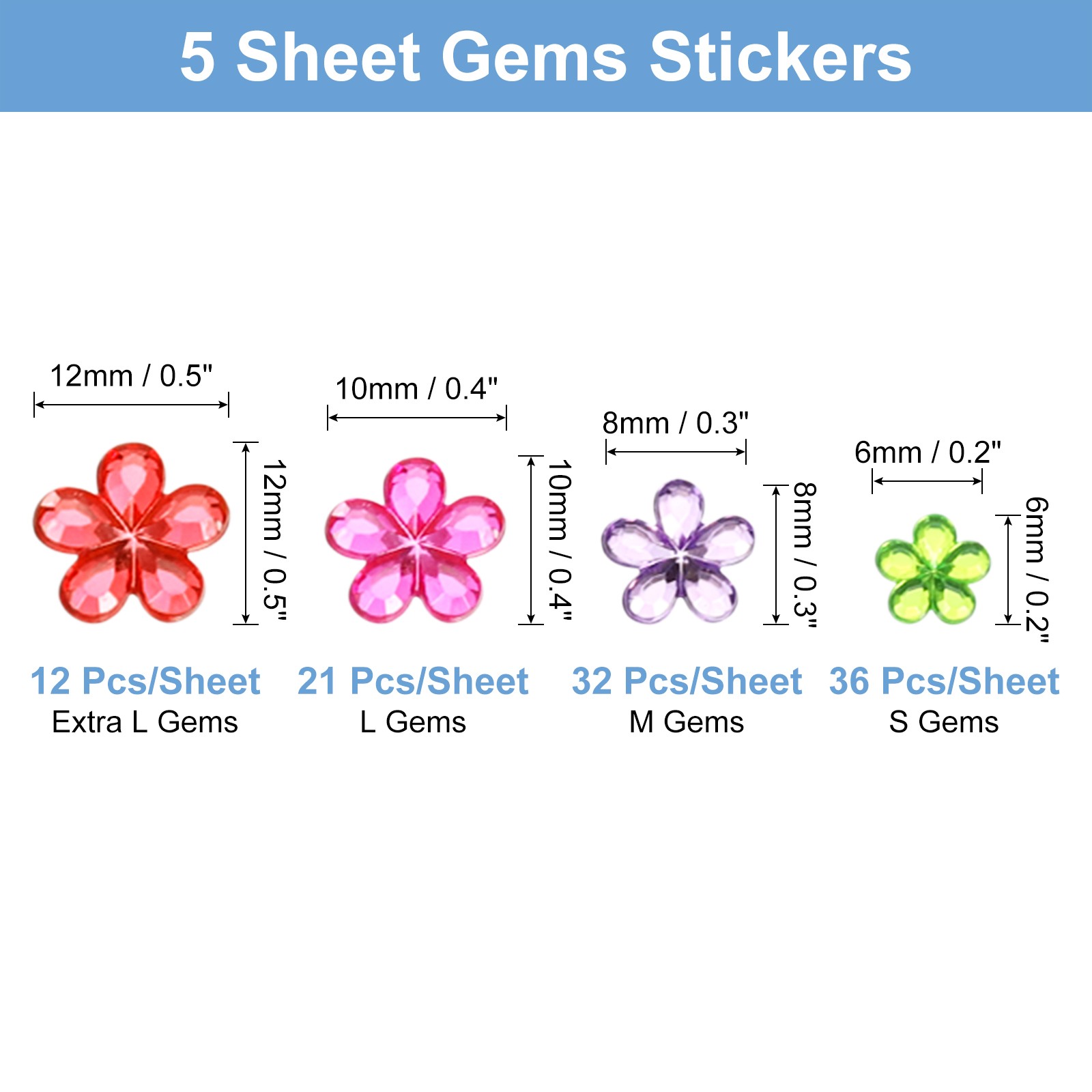101Pcs Gems Stickers for Crafts, 5 Sheet Flower Rhinestone Stickers, Multicolor
