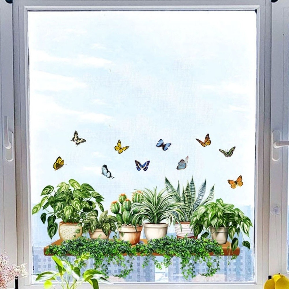 Glass Window Stickers with Realistic Green Leaves and Butterflies 60x50cm