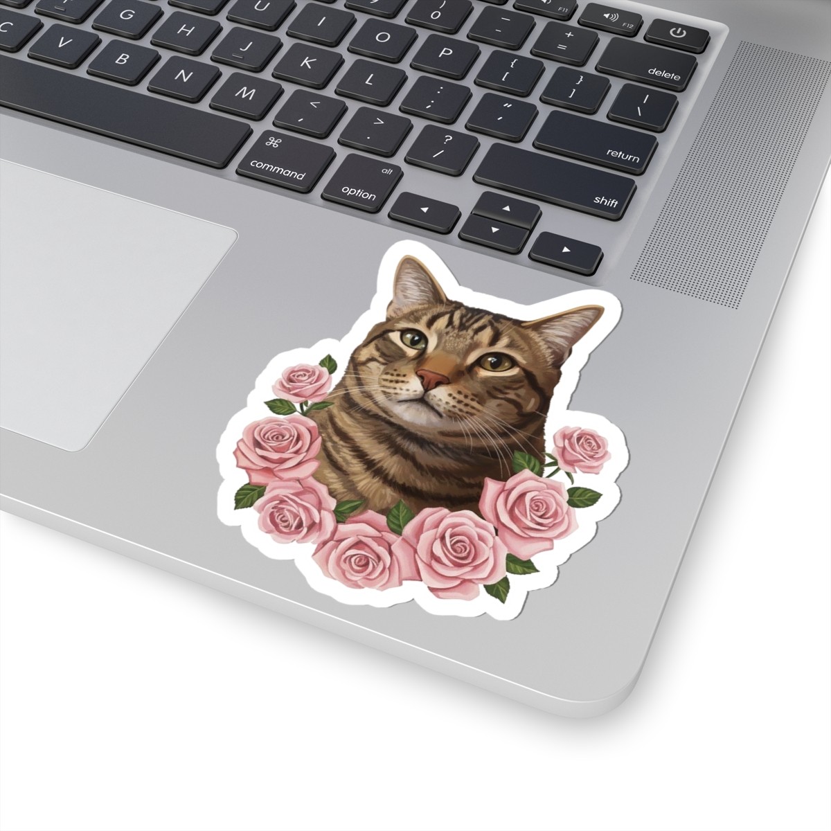Tabby Cat Portrait Sticker | Floral Rose Kiss-Cut Sticker