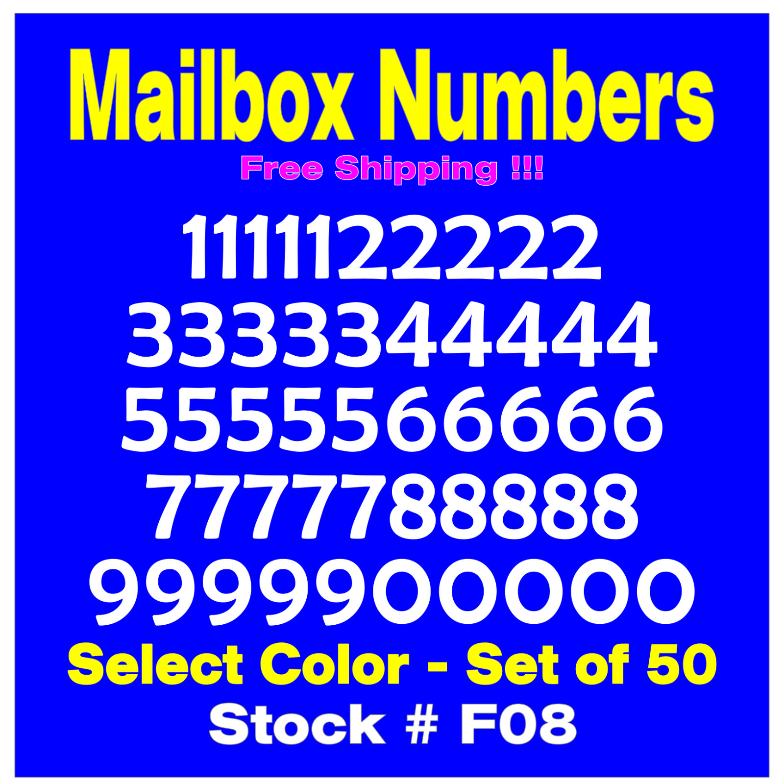 Mailbox NUMBER Vinyl Decals Set of 50 Numbers SIZES 1/2" up to 4" STK# F08