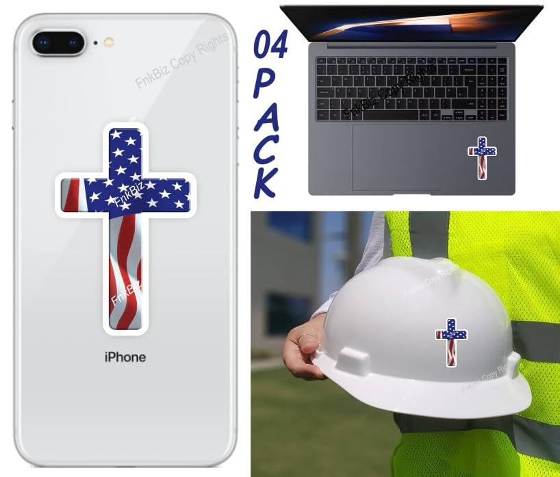 04 Small American Flag and Christian Cross Decal Stickers US Patriotic