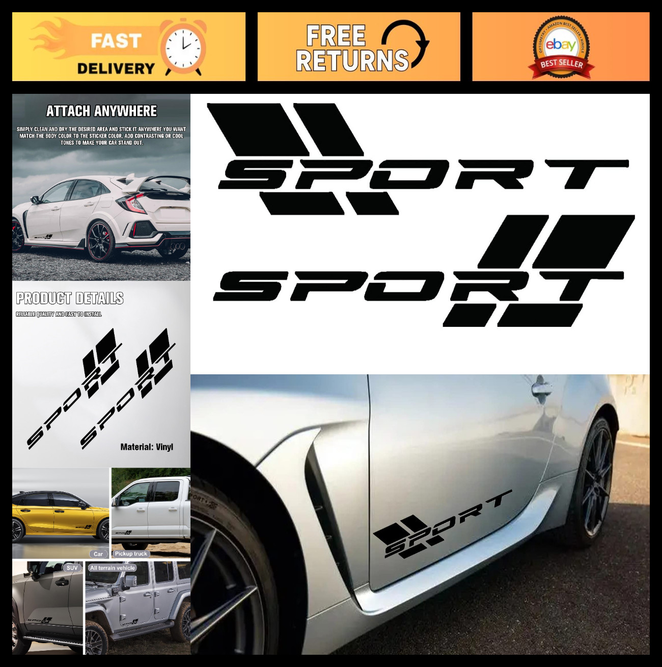 Universal Sport Letter Logo Vinyl Decal Stickers – 16" Black, 2 Pack for Cars