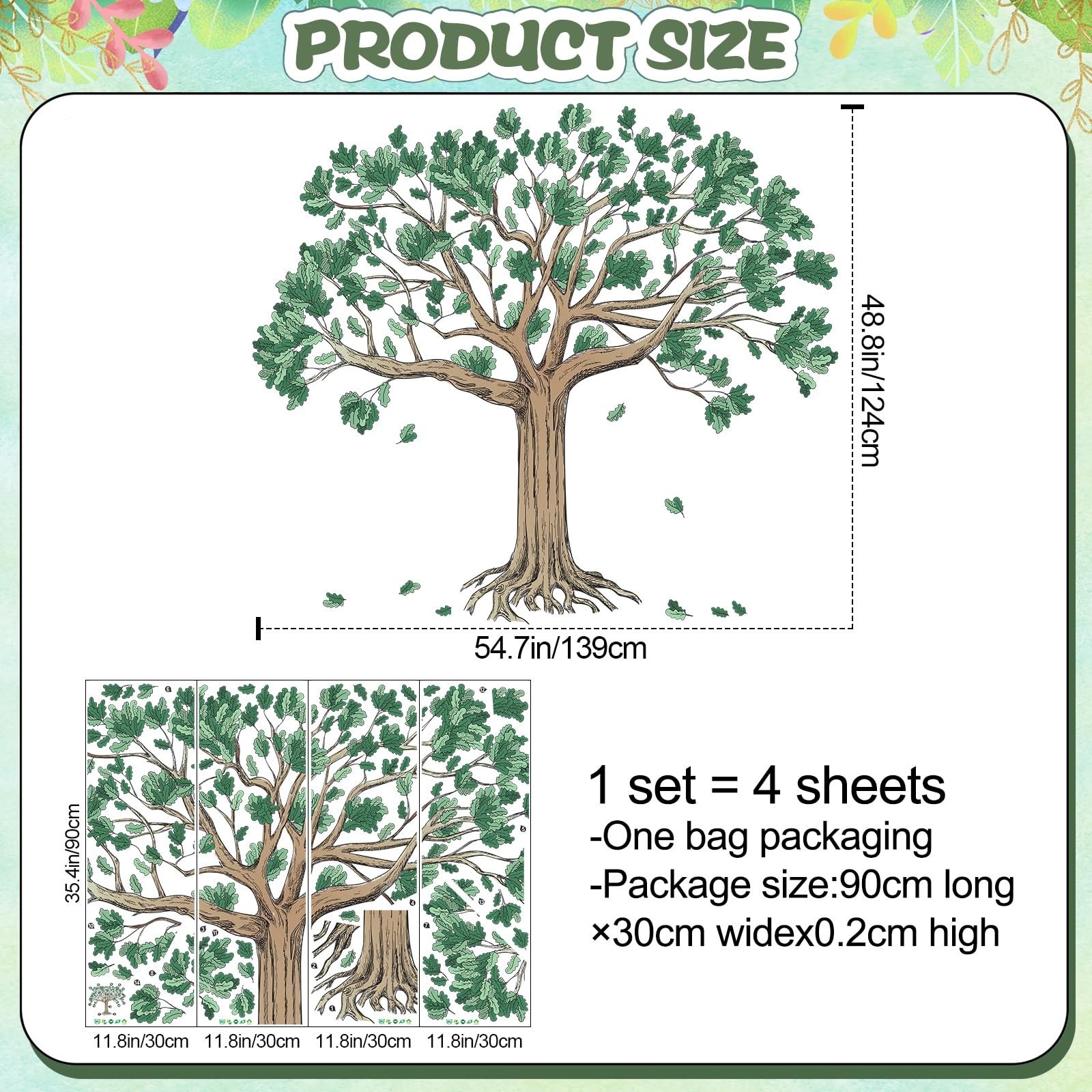 Amaonm Large Family Tree Wall Decals 4 Pack 12×36 Inch Brown Trees with Green…