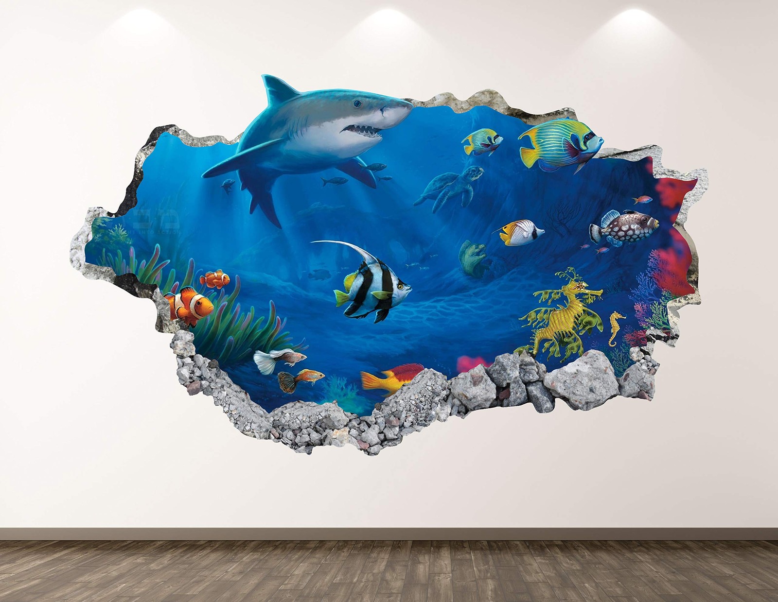 Shark Wall Decal Art Decor 3D Smashed Aquarium Sticker Poster Kids Room Mural…