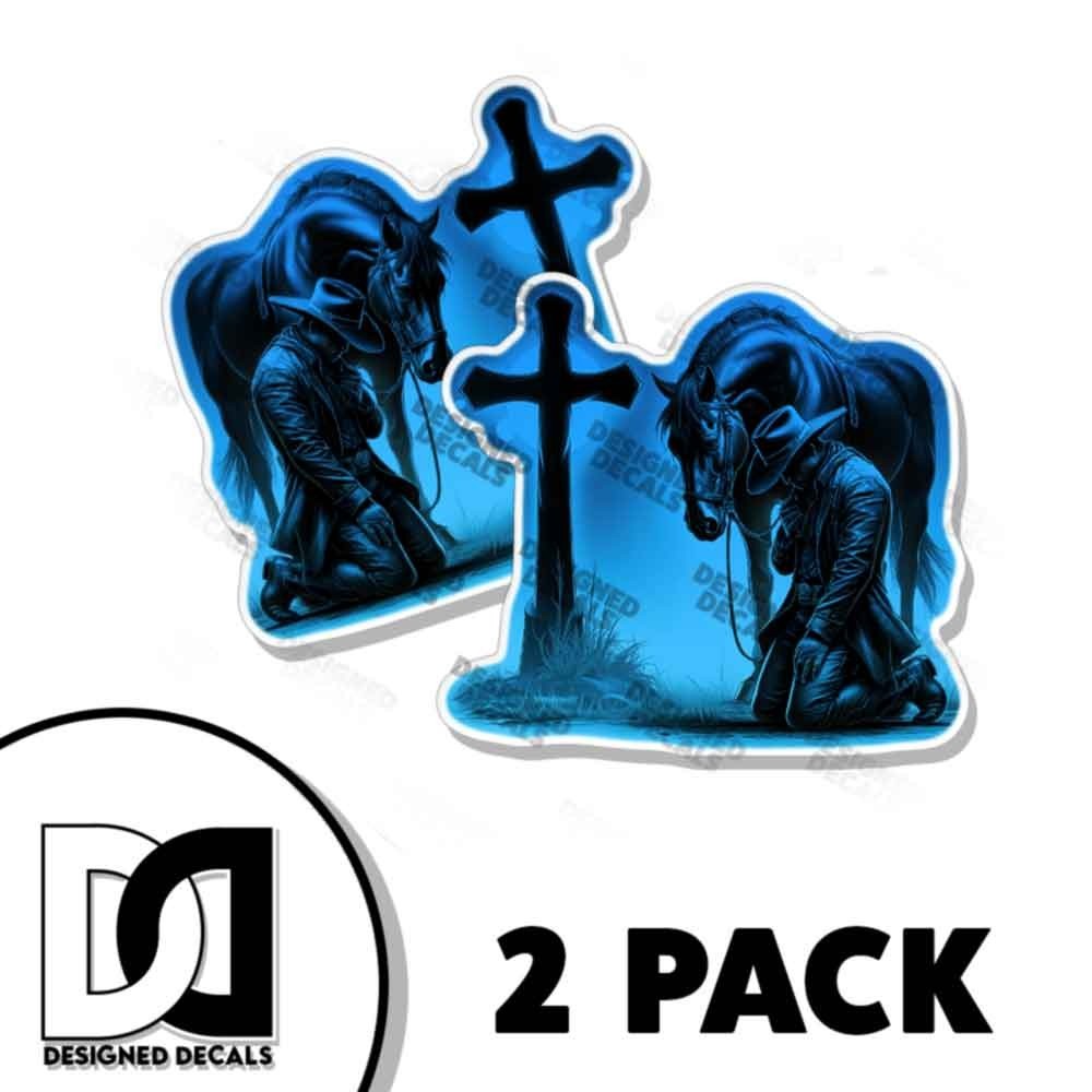 Praying Cowboy Cross Horse Forgiven LIGHT BLUE Car Truck Window STICKERS 2 PACK