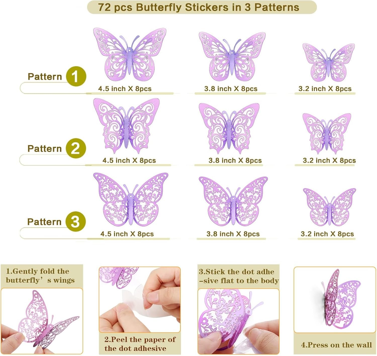 72 Pcs Butterfly Decorations, 3 Sizes 3 Styles, 3D Wall Pale Plum