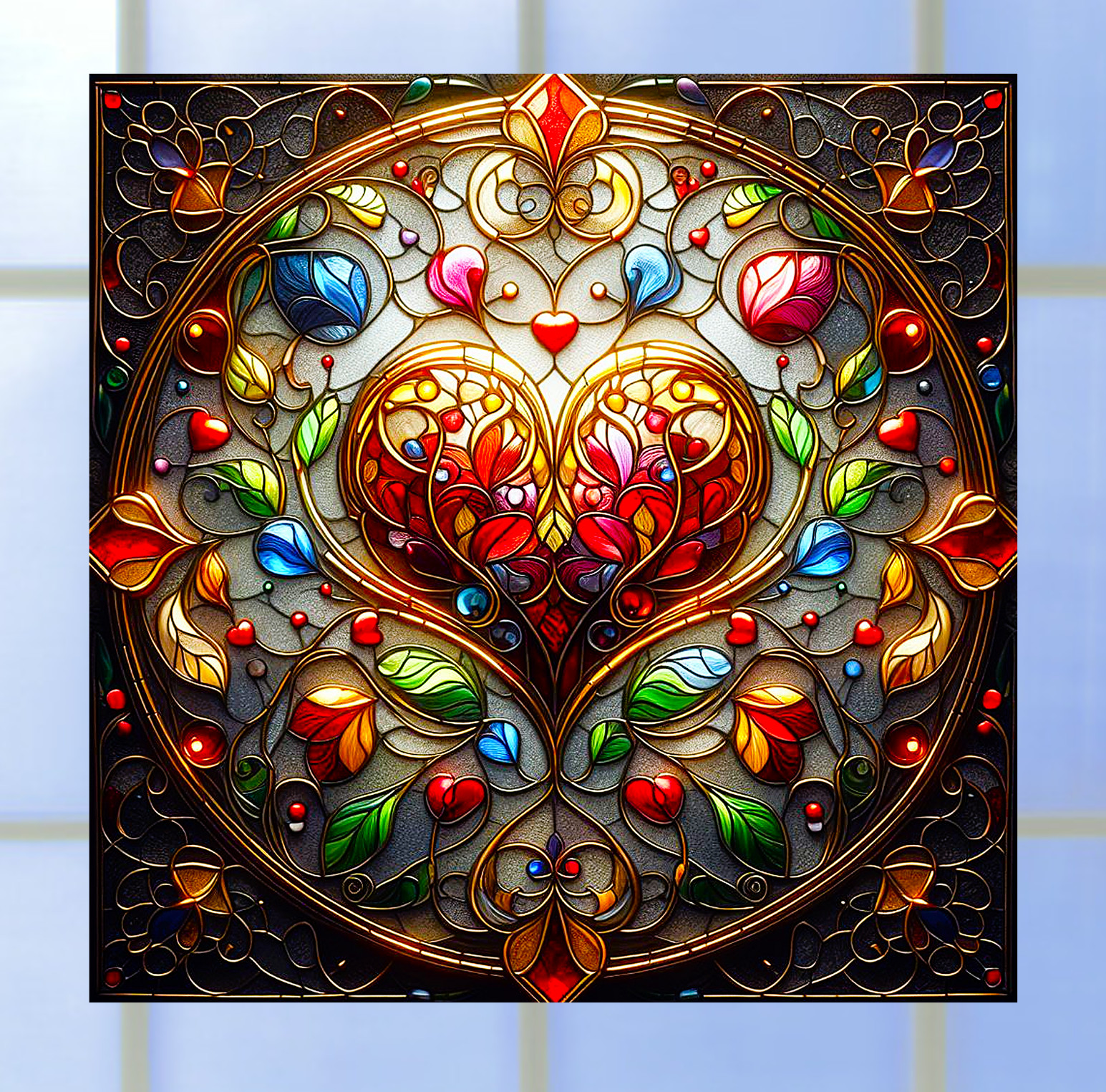 Ornate Jewel Heart Faux Stained-Glass WINDOW CLING Suncatcher Size 8" Vinyl