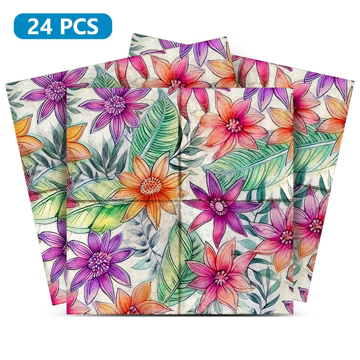 Peel Snd Stick Tile Stickers 24 Unit Pack Multicolor Floral