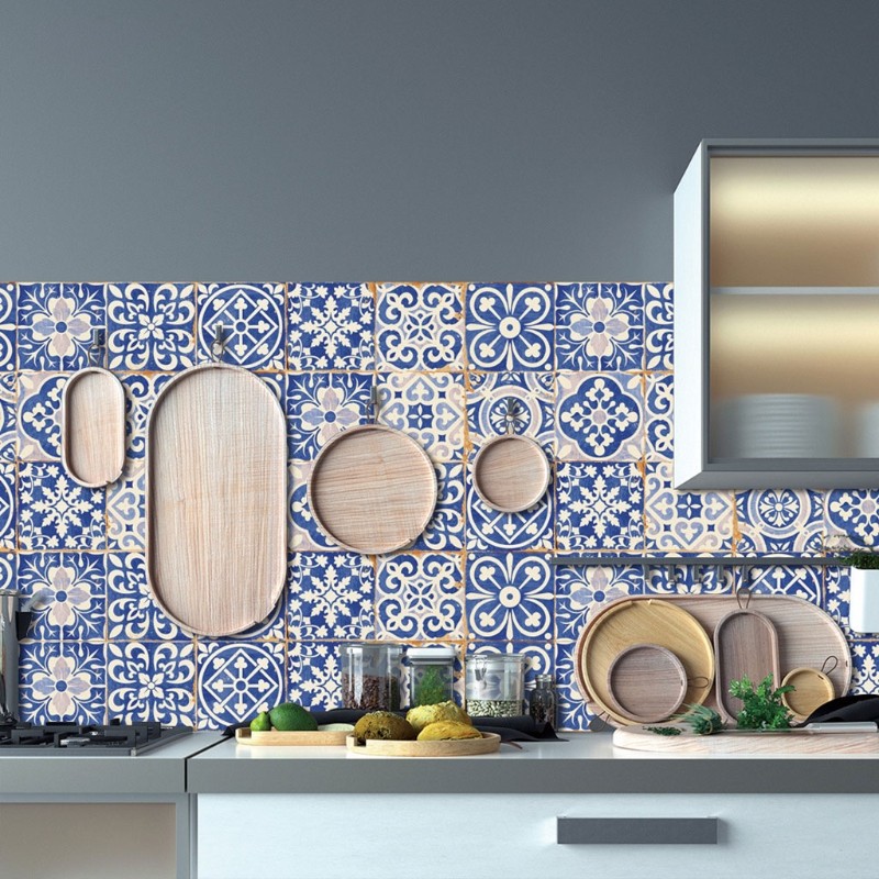 Blue and White Porcelain Tile Sticker 24pcs Self Adhesive Home Kitchen Floor
