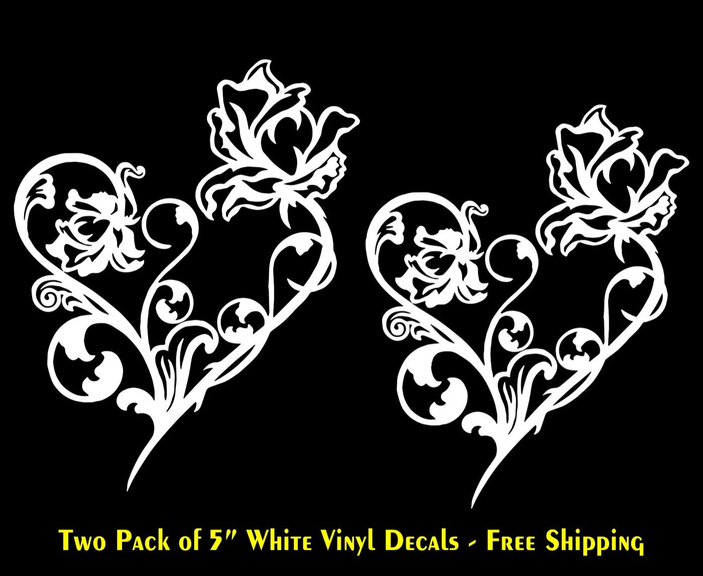 Flower Love Heart Graphic Two PK 5" White Decals Car Window Laptop Tablet Mirror