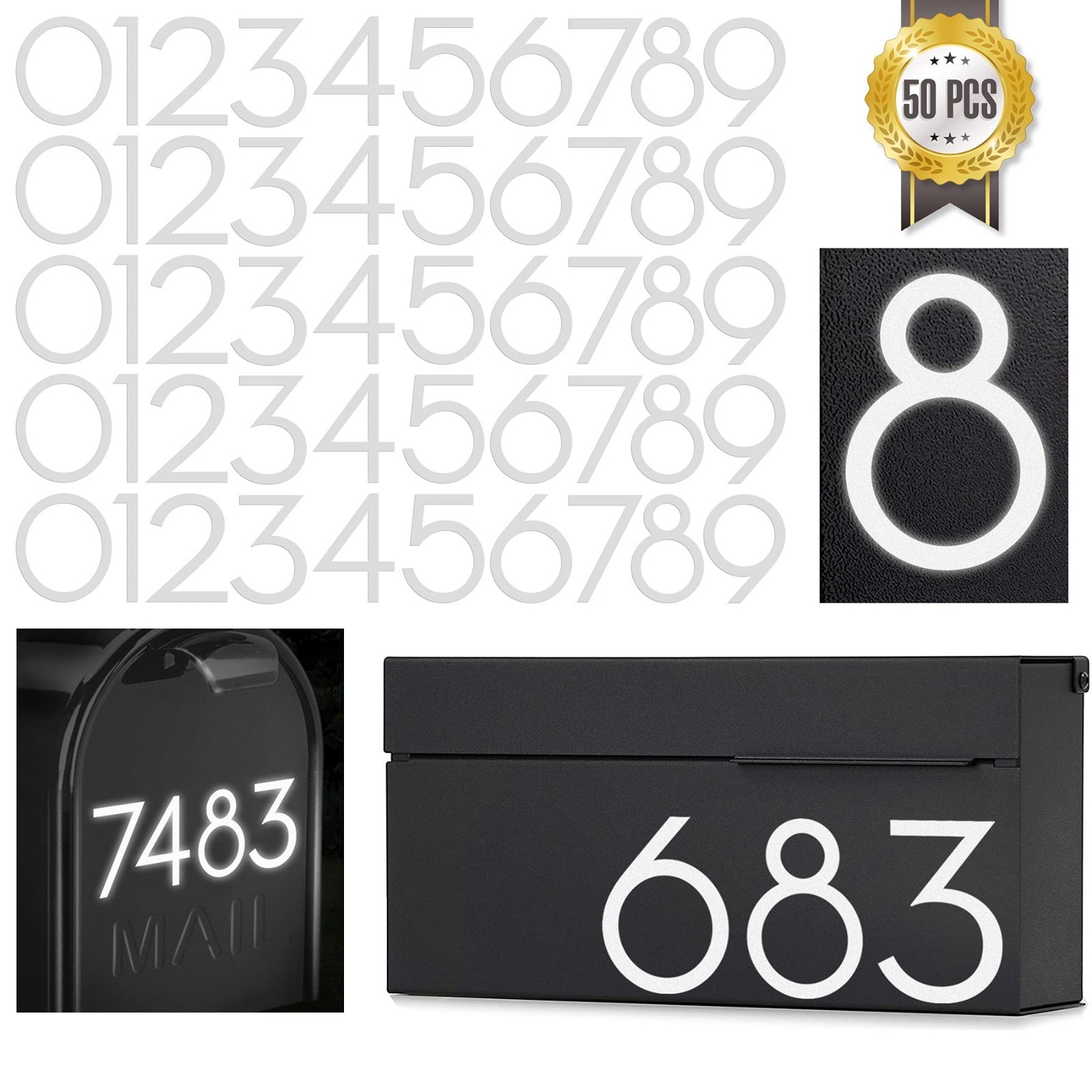 2 Inch Reflective Mailbox Numbers Sticker (0-9, 5 Sets) Modern Number Vinyl Wate