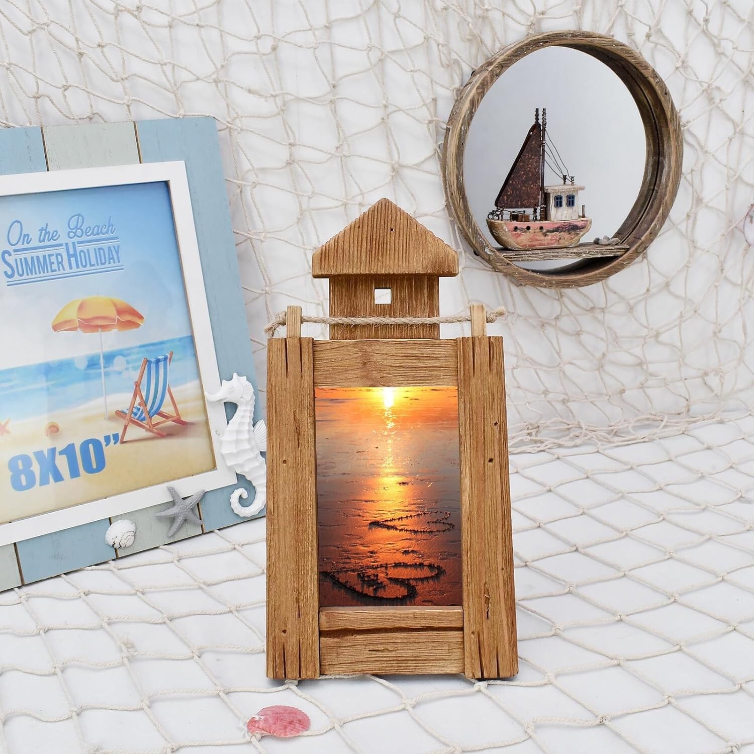 Aecipl Wooden Lighthouse Photo Frame Nautical Tabletop Decor Beach Themed (L)