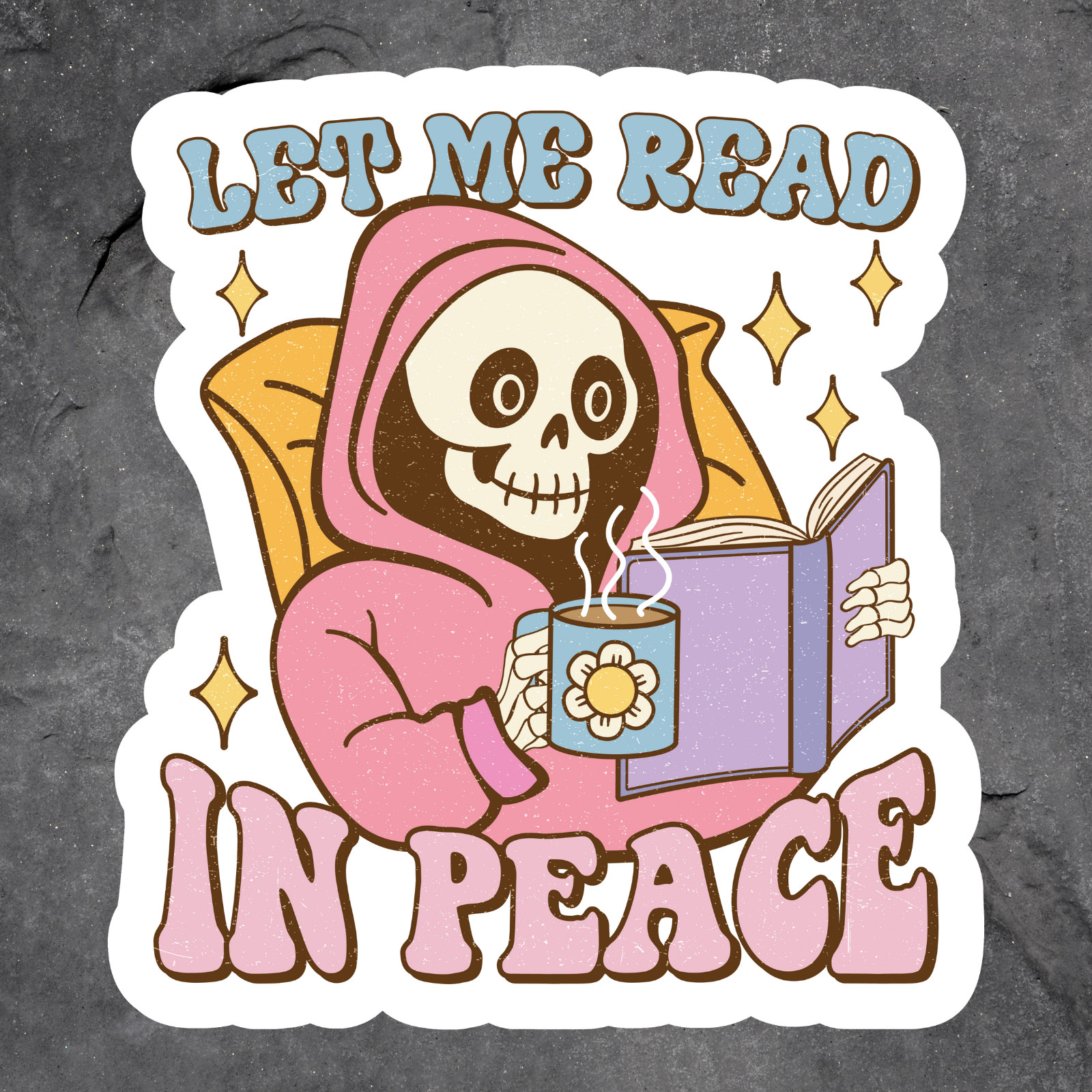 Book lover let me read in peace sticker vinyl decal skeleton reading bookish