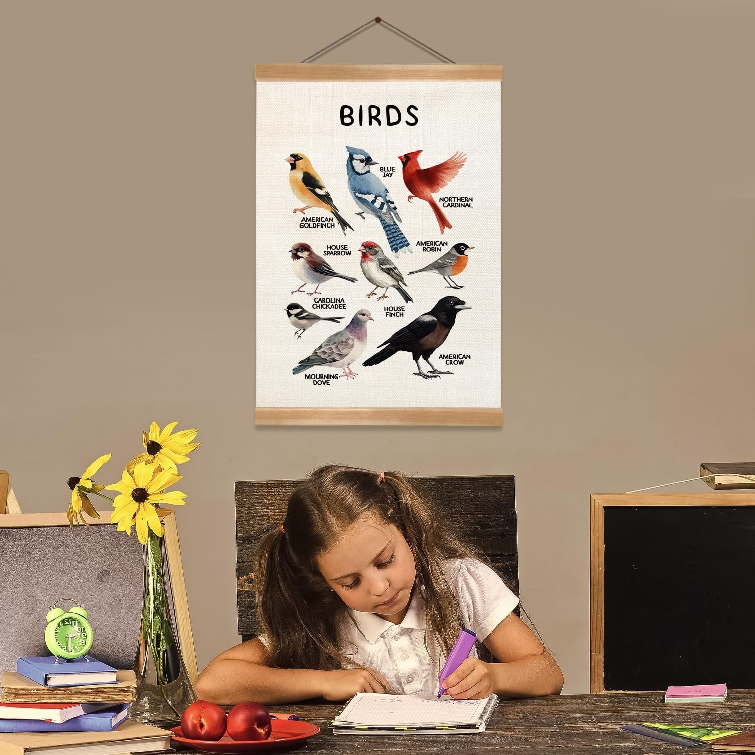 ZTGDA Birds Vintage Wall Art – Hanging Poster with Solid Wood Frame, Linen
