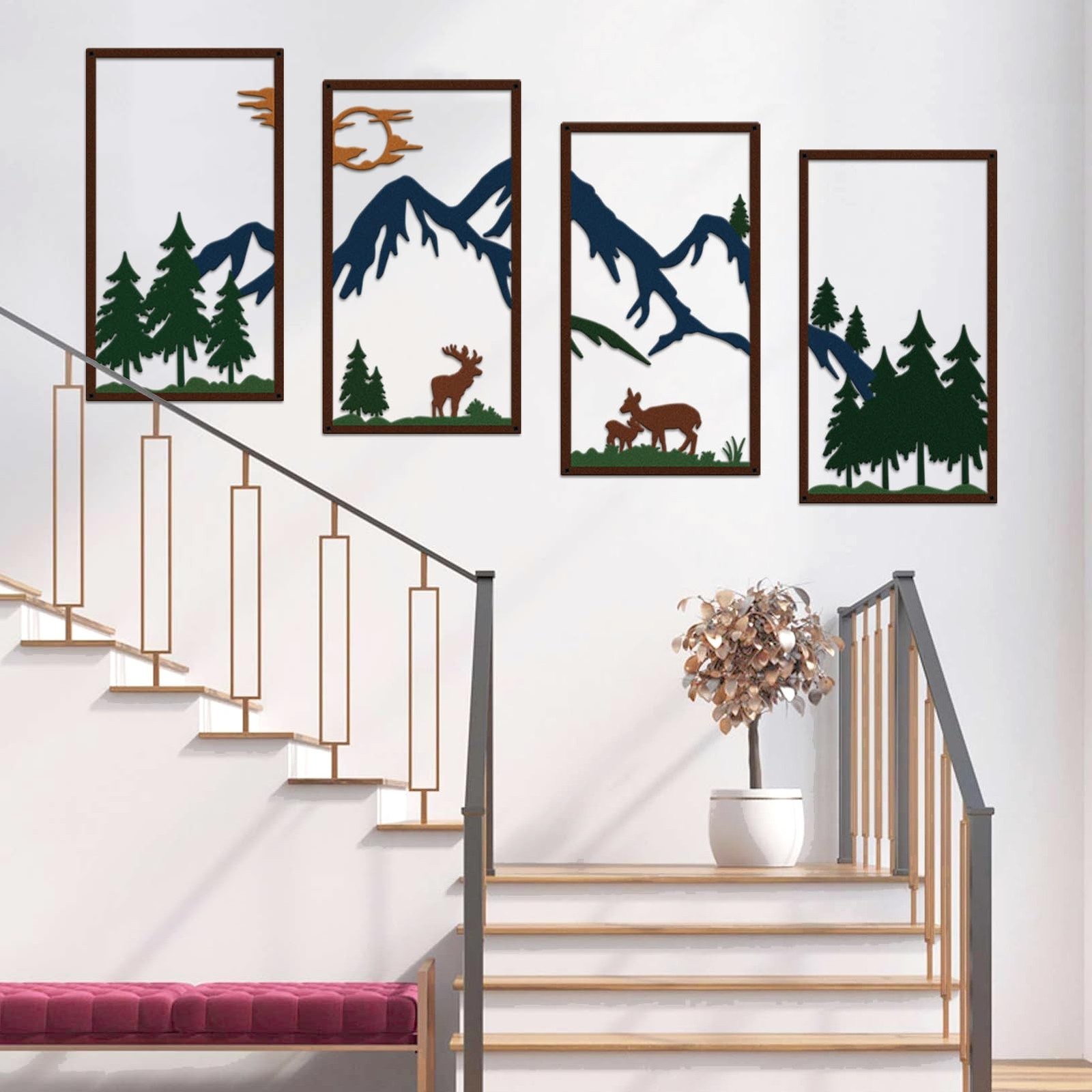 DUOOLN 4 Pcs Mountain Scene Metal Wall Decor, Line Drawing Wall Art, Abstract…