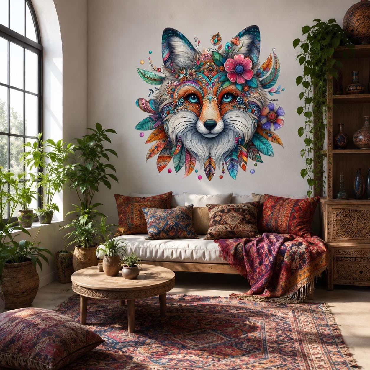 Boho Fox Wall Vinyl Decal | Colorful Mandala Animal Face Sticker