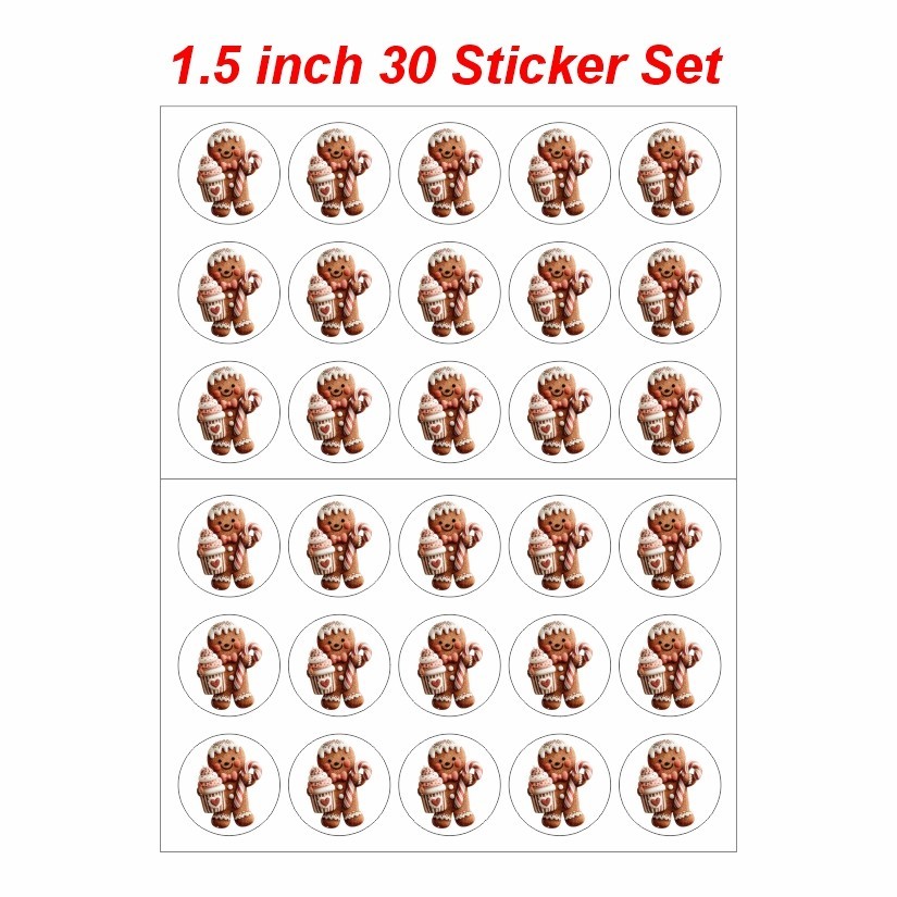 Ginger Cookie Christmas Round Dot Stickers Set, 1.2" & 1.5"