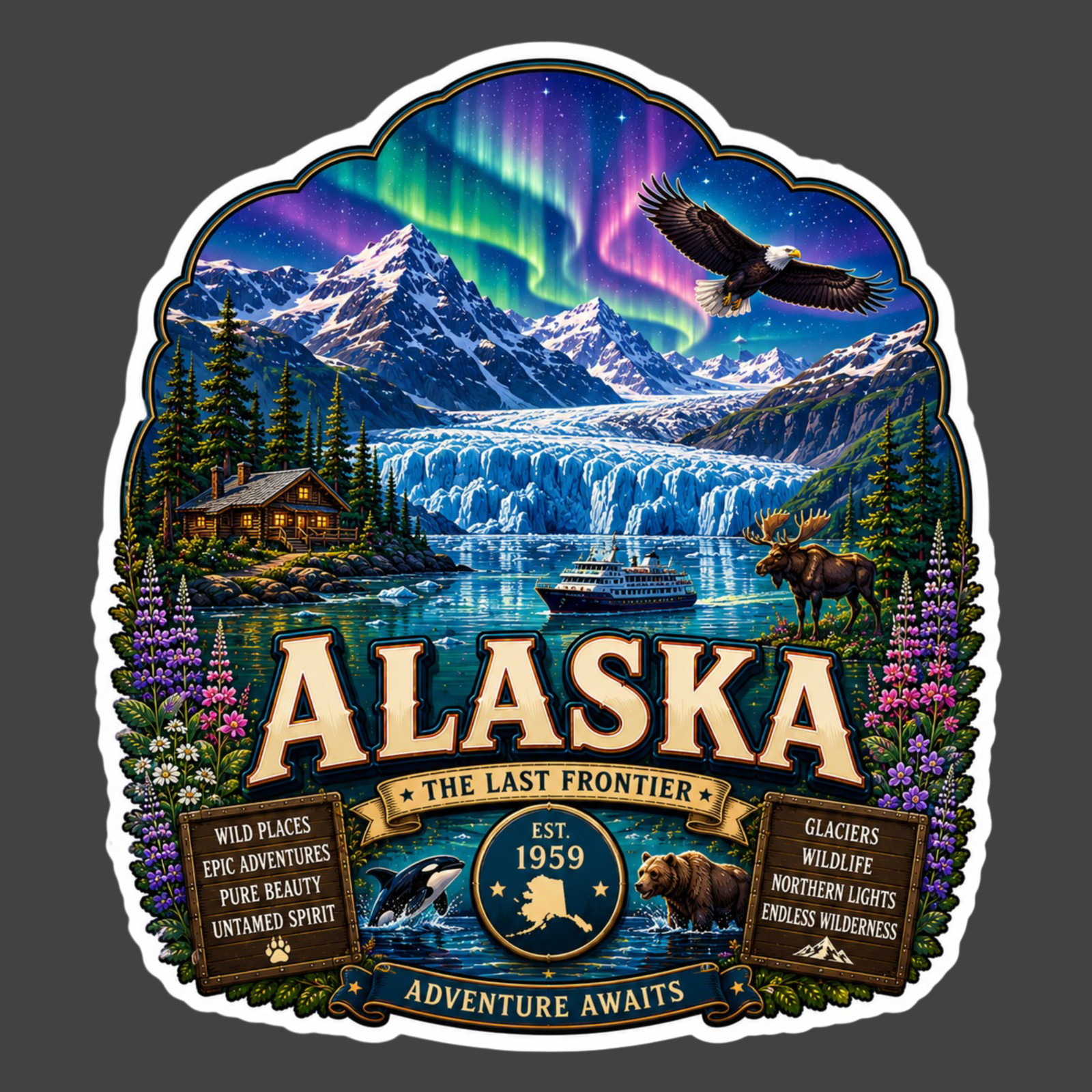 Alaska Sticker Vinyl Decal Glacier Northern Lights Bear Travel Souvenir Gift