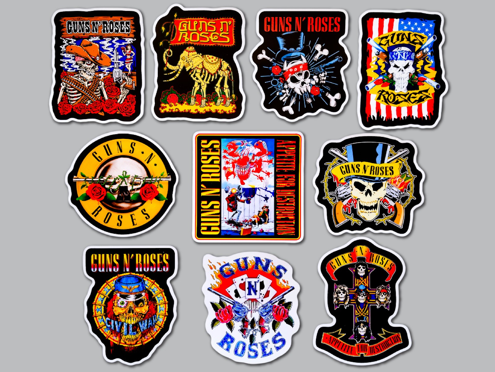 Classic Rock Band Vinyl Sticker Lot (10 Stickers) guns hair metal n glam roses