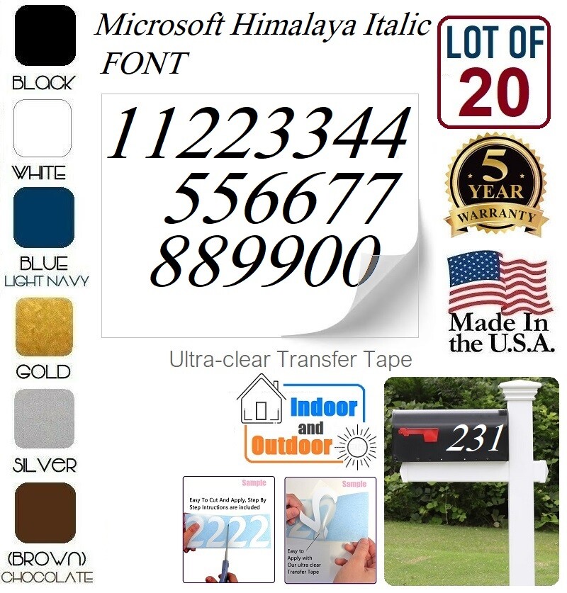 Mailbox Address Numbers Decal Sticker Window Door Wall Sign, MICROSOFT ITALIC