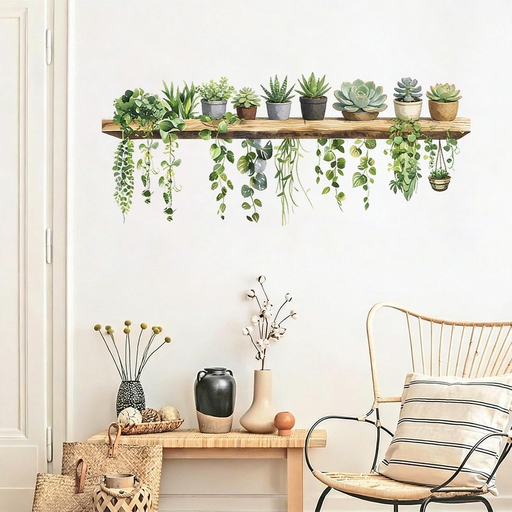 Fade Resistant Green Cartoon Plant Pot Wall Decal for Living Room Bedroom Decor