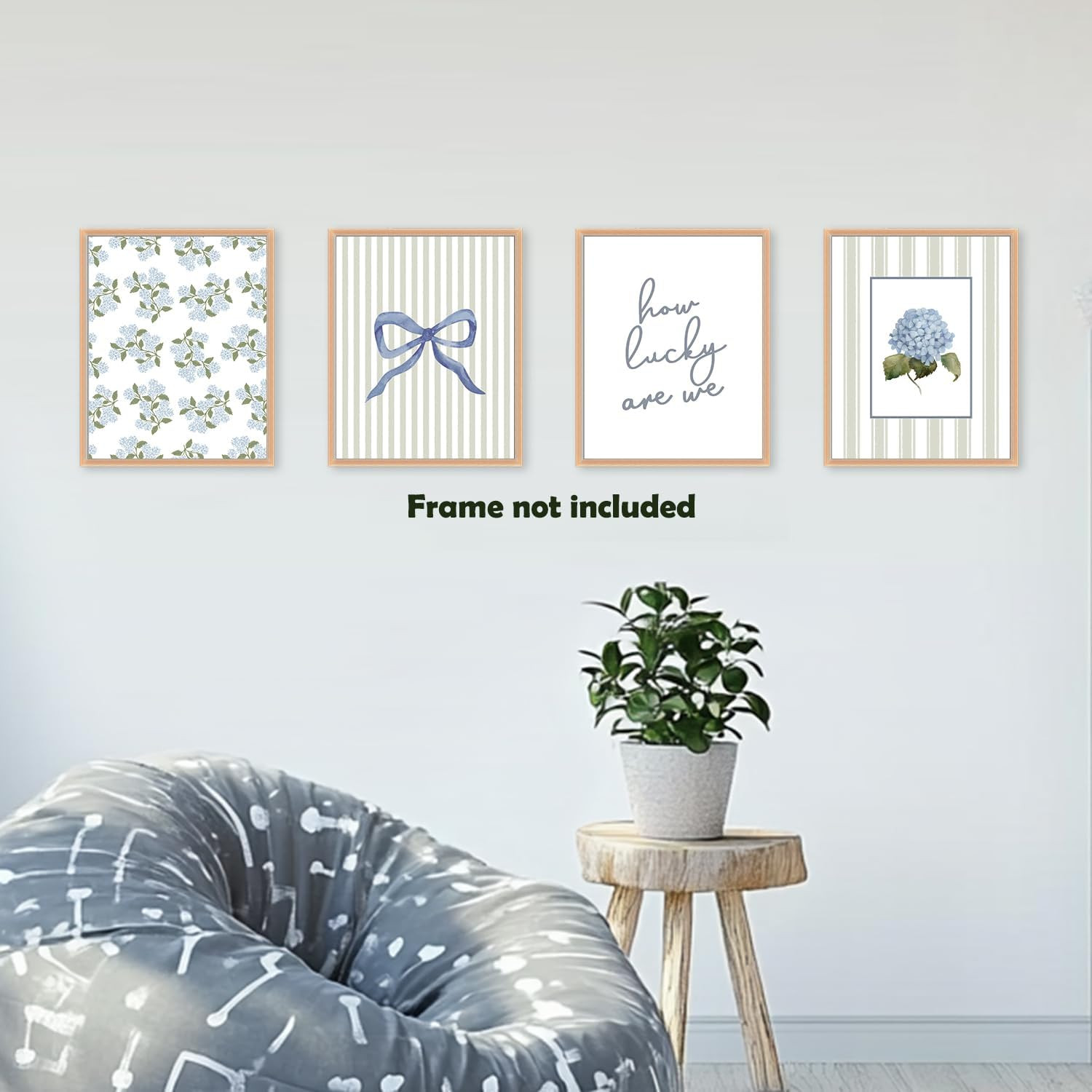Sage Green Preppy Coquette Blue Bow Hydrangea Floral Wall Art Prints 8X10 Inch S
