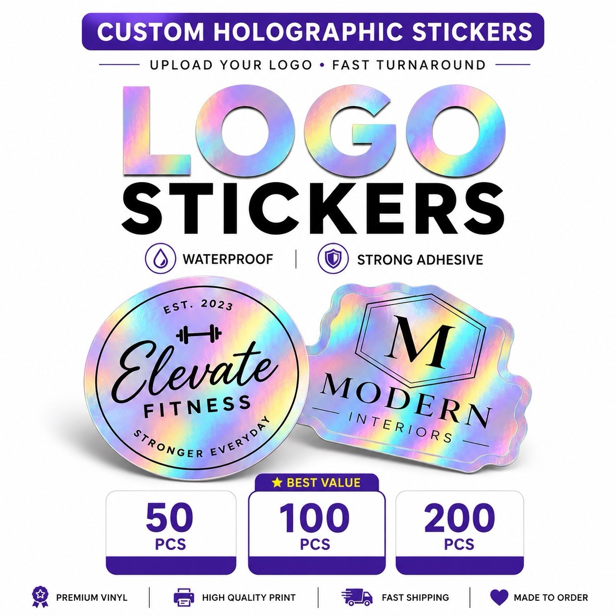 Custom Holographic Logo Stickers Waterproof Vinyl Business Label Packaging