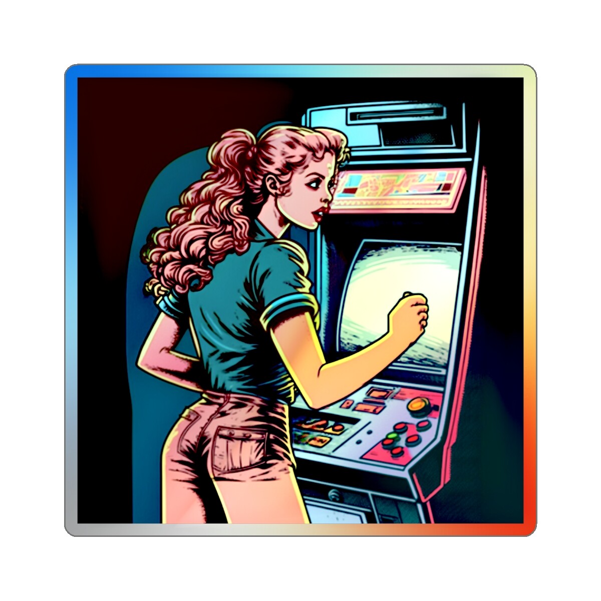 Holographic Sticker Retro Style 1980s Arcade Babe VideoGamer girl Pop Culture