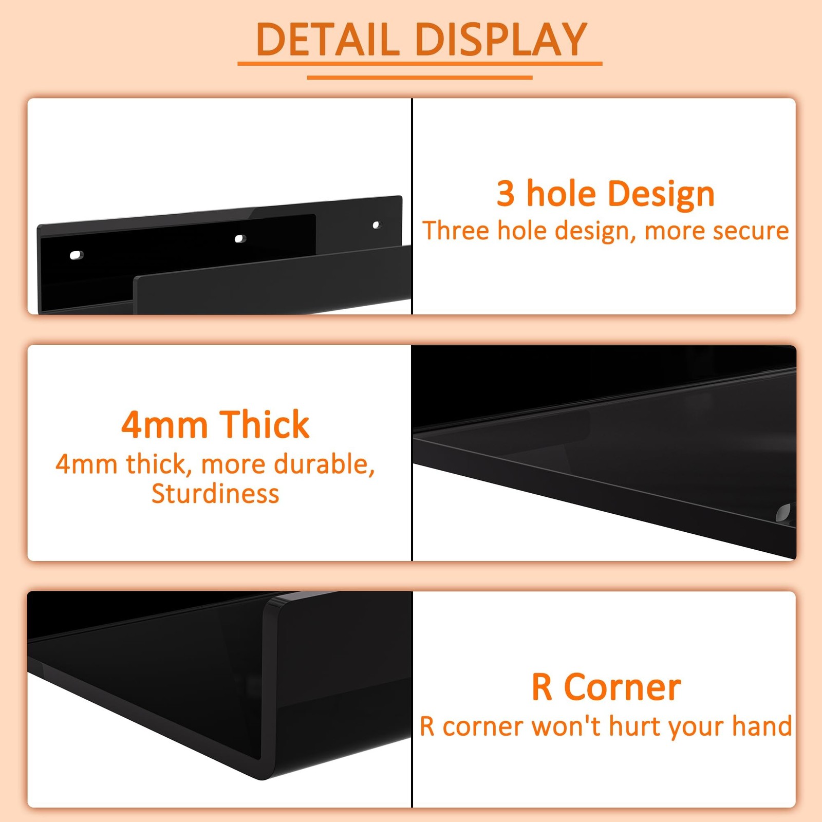 12 Inches Black Acrylic Wall Shelf for Home, 2 Pack, Acrylic Organizer Shelve…