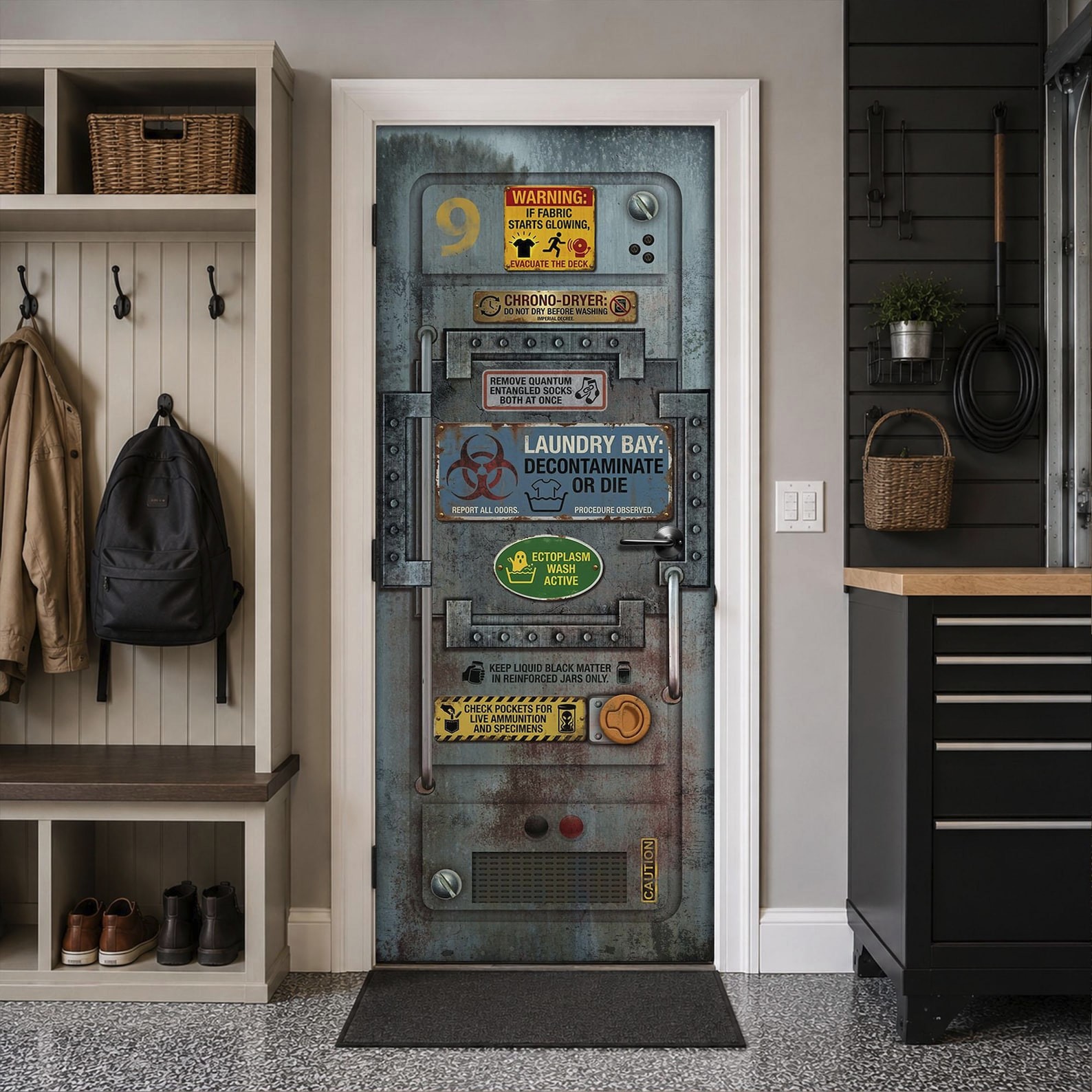 Funny Sci-Fi Laundry Room Door Decal Cover | Self-Adhesive, Single Piece