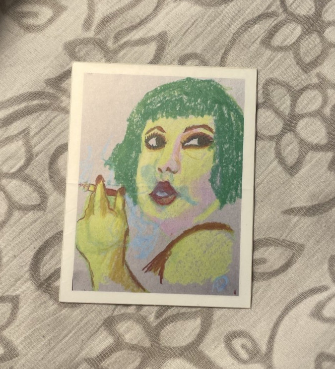 Original Art Sticker of Girl Smoking, in Yellow and Green