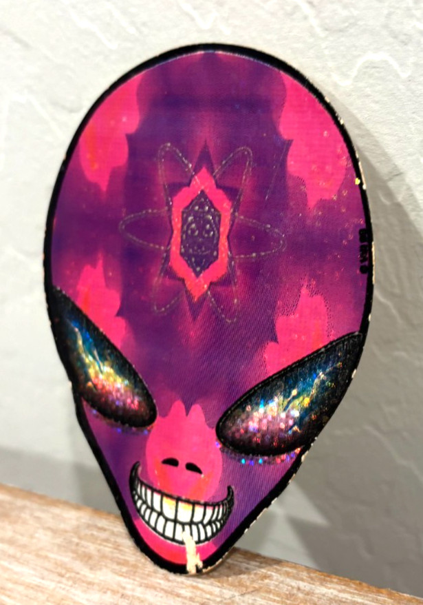 Vintage! Unique Alien Head Sticker! Glitter Eyes! Colorful Purple & Pink! ~3.5"!