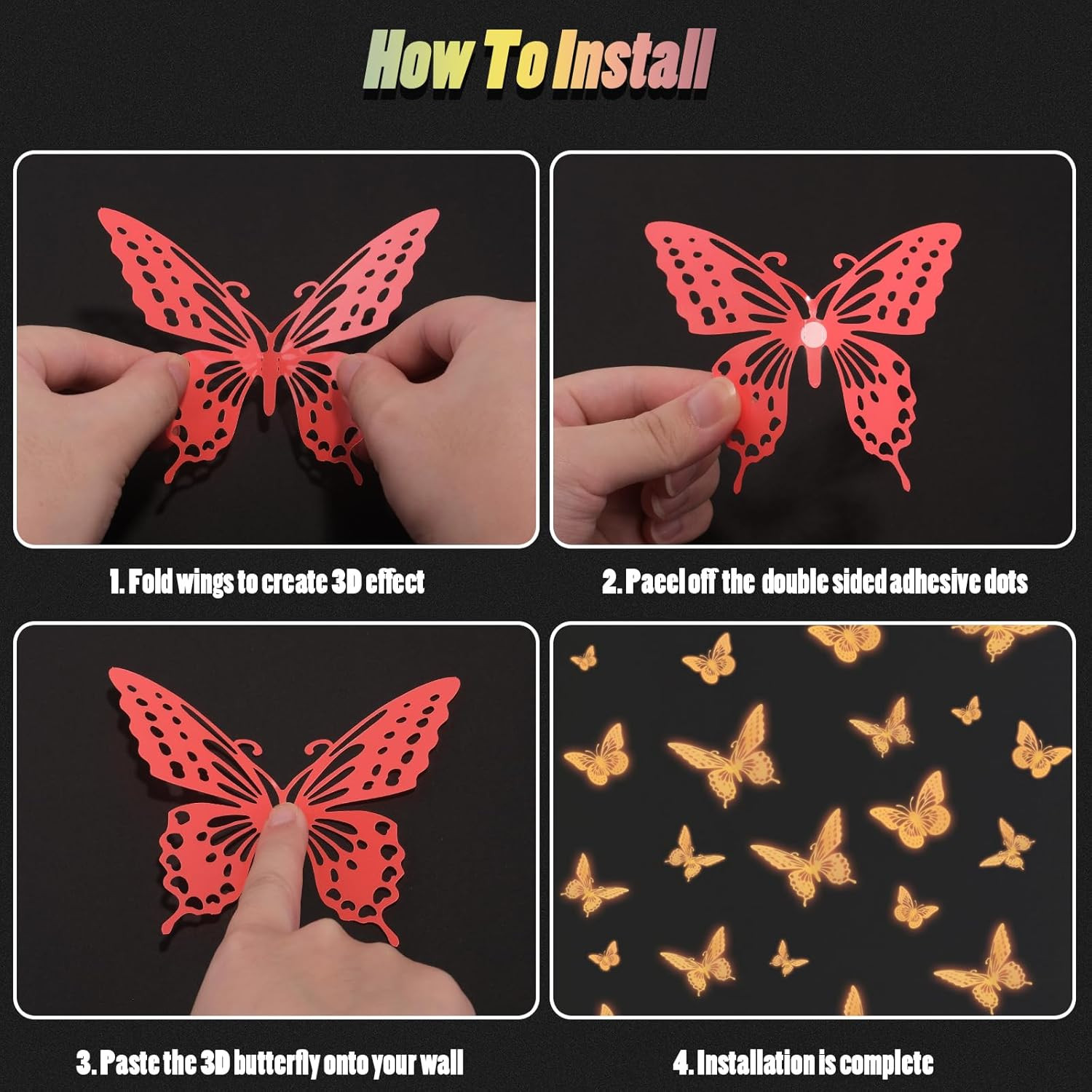 Glow in The Dark 3D Butterfly 24 Pcs 3 Sizes, Luminous Butterfly Stickers for Ce