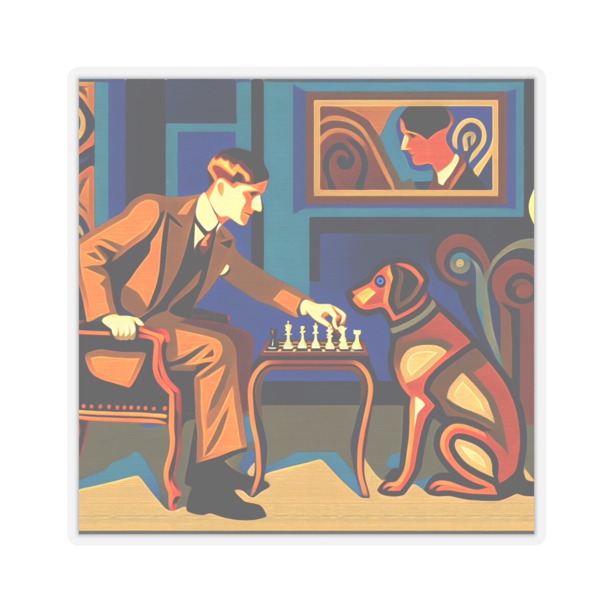 Sticker Art Deco Chess Game with Gentleman and Dog Companion 2×2" 3×3" 4×4" 6×6"
