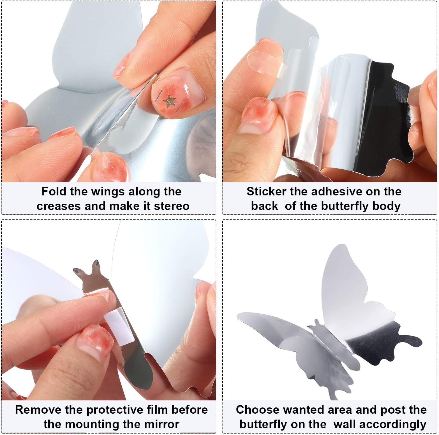 48 Pieces DIY Mirror Butterfly Combination 3D 48 Count (Pack of 1), Silver