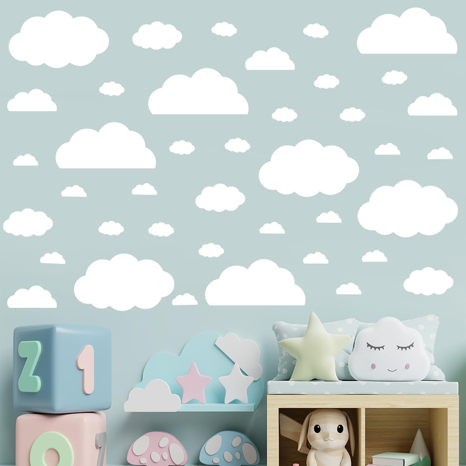 Cloud Wall Decals – 40 Peel and Stick Clouds Stickers – Assorted Shapes and Size
